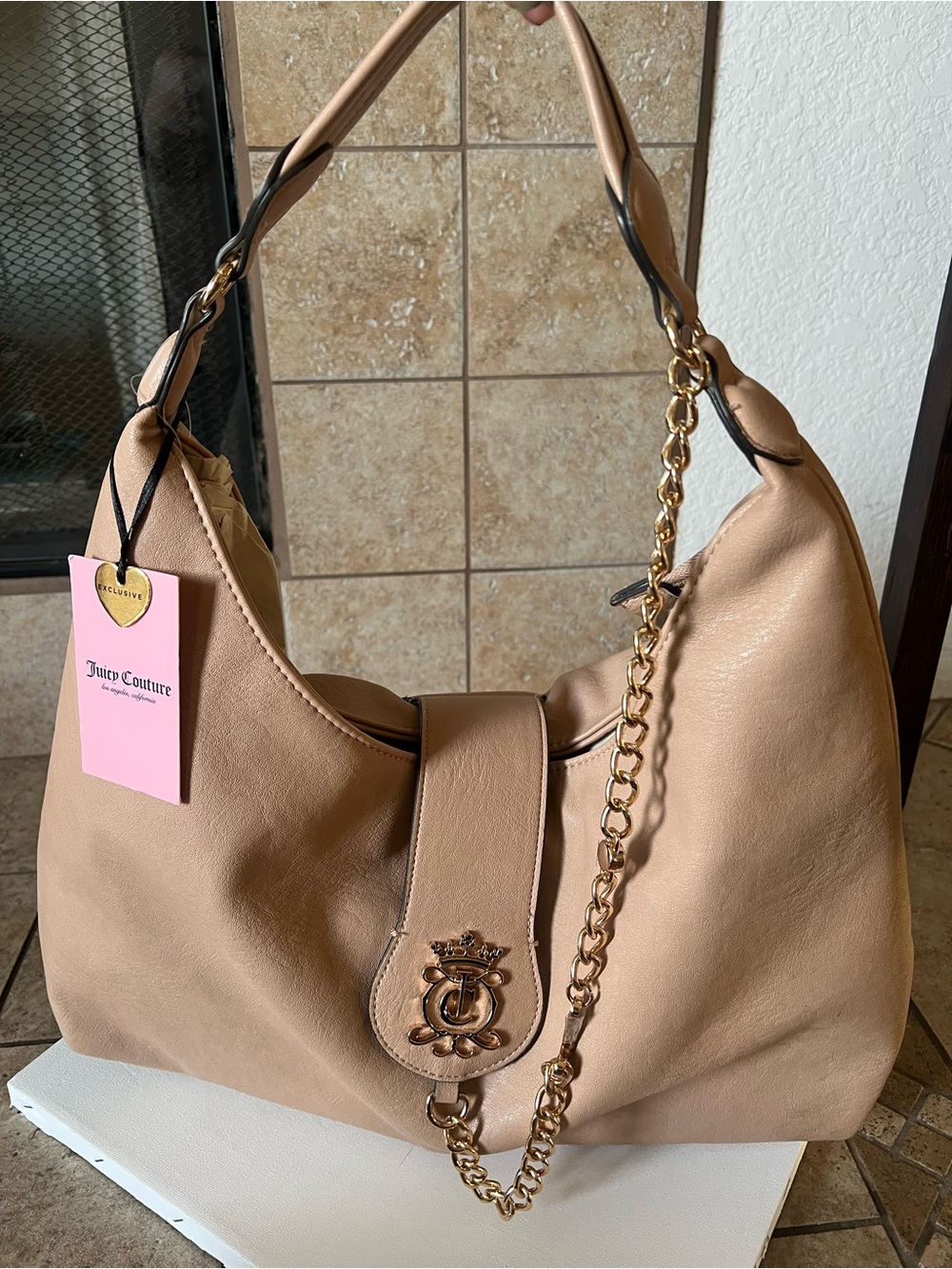 Juicy Couture Tan Faux Leather Hobo Bag with Gold Chain Detail